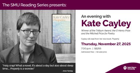 A poster promoting SMU Reading Series with Kate Cayley