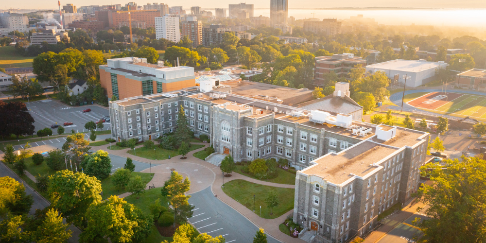 An aerial view of campus toward downtown